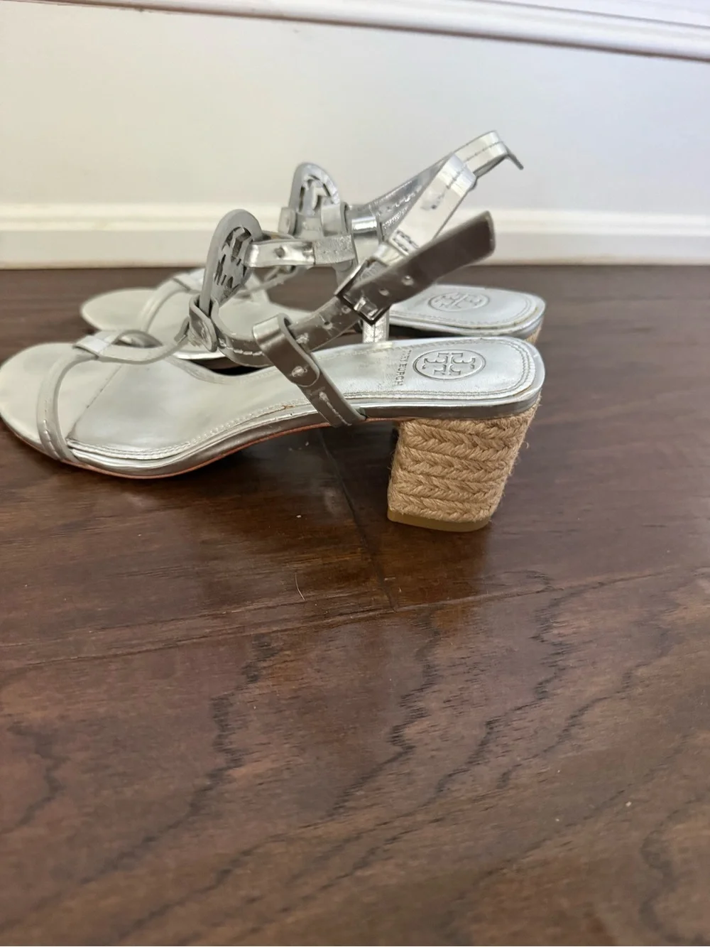 Tory Burch Silver Metallic Leather T-Strap Sandals with Woven Block Heel